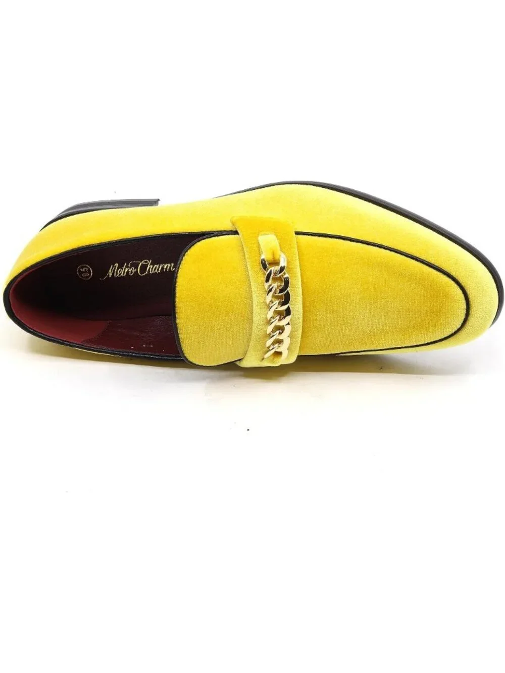 Metrocharm Men's Yellow Vintage Velvet Loafers Gold Chain Buckle Slip On Shoes